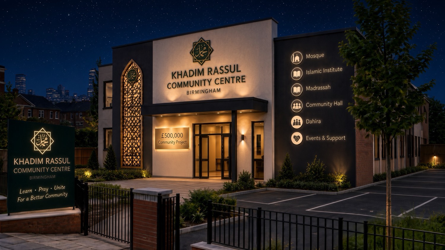 Night view of the proposed Khadim Rassoul Community Centre in Birmingham, with a lit entrance, garden, and signs for mosque, madrassah, and community hall.