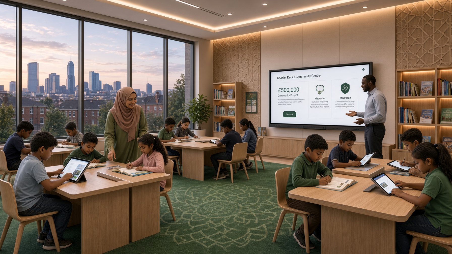 A classroom at the proposed centre, with pupils at oak desks, teachers, and a view of the Birmingham skyline.