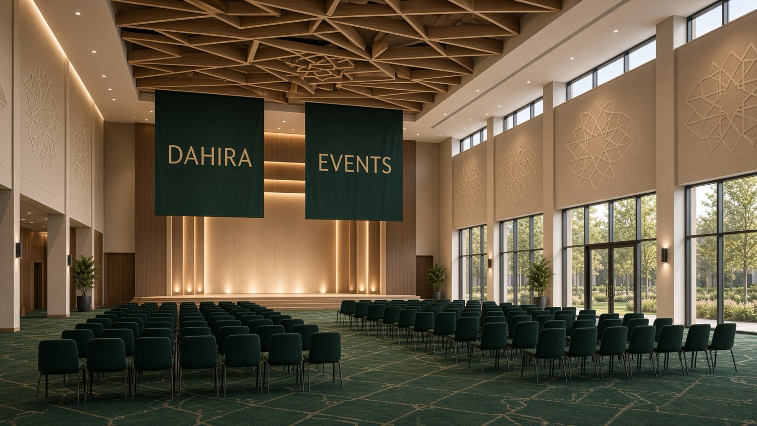 The proposed dahira events hall, with forest-green chairs facing a stage beneath banners for dahira gatherings and community events.