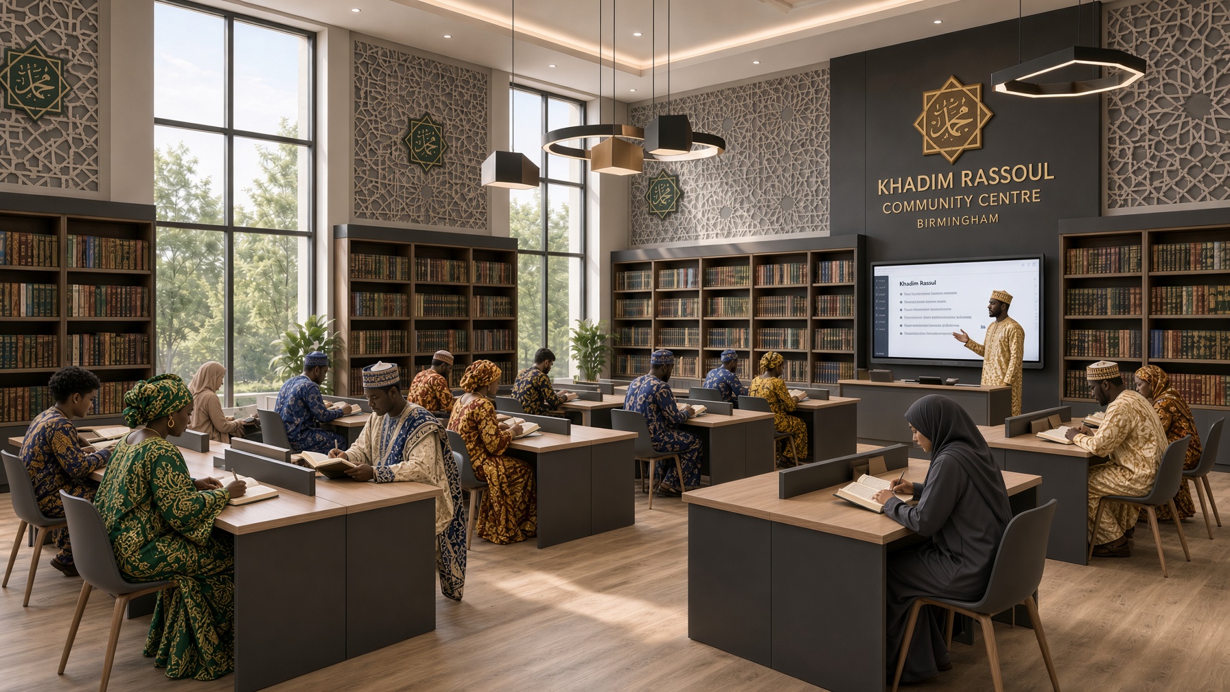 A diverse group of adults studying in the planned library at Khadimou Rassoul Community Centre, Birmingham.
