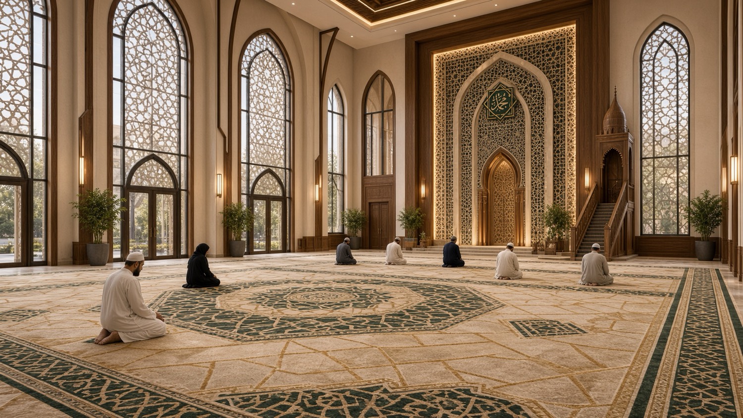 Worshippers seated in the proposed prayer hall, with tall mashrabiya windows, a carved mihrab, and a geometric carpet.